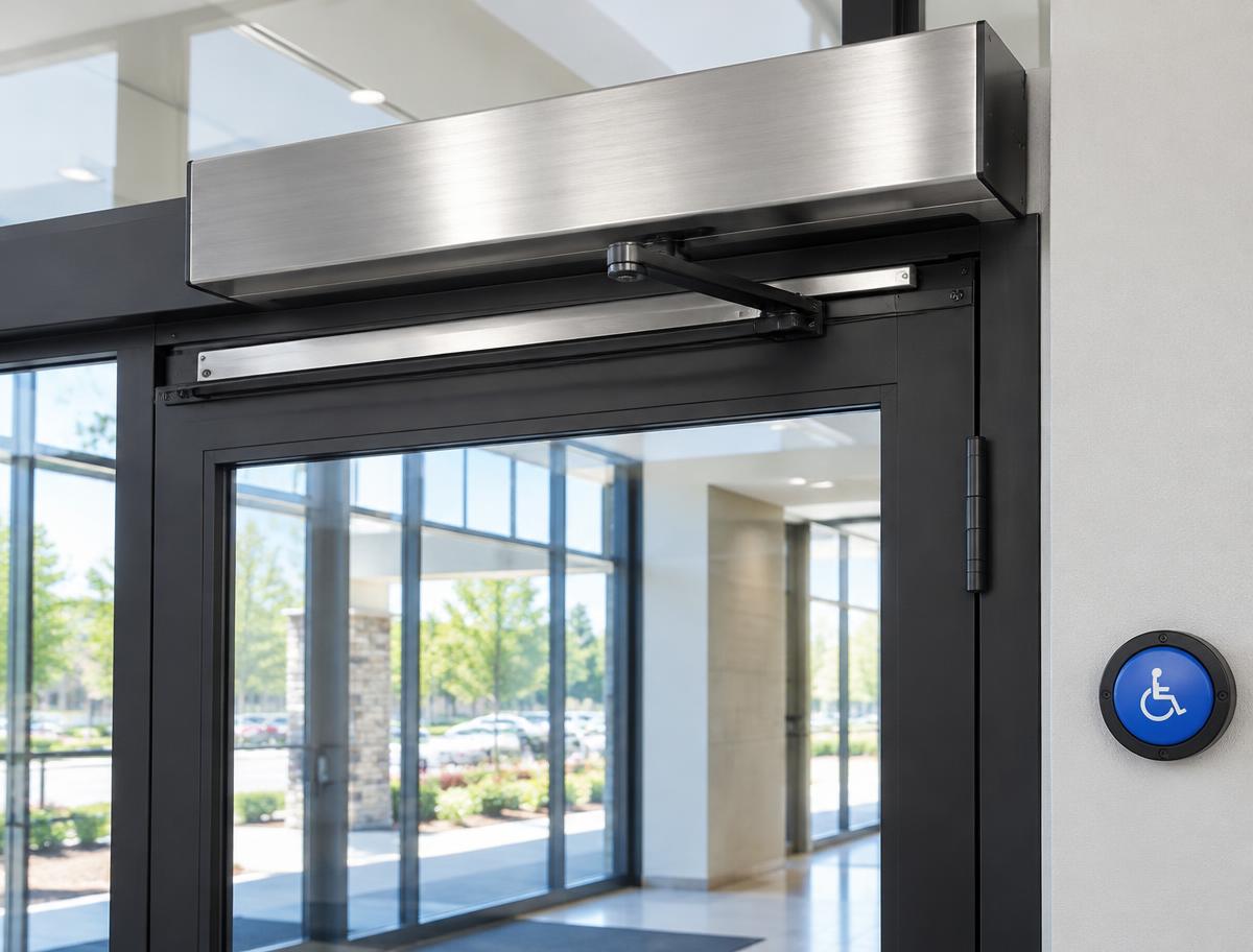 Overhead automatic door operator with an accessibility push button
