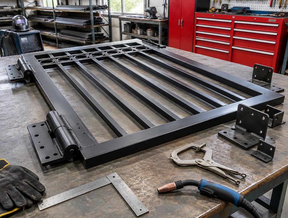 Custom welded steel security gate and mounting brackets on a fabrication workbench